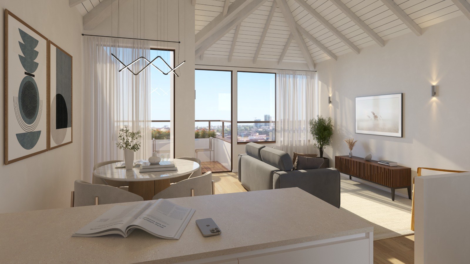 Penthouse - Kitchen and living with beam ceiling
